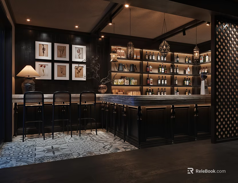 Elegant Dark Decor Bar Interior With Wall Art Bar Counter Wine Shelves And Pendant Lights 3d model 