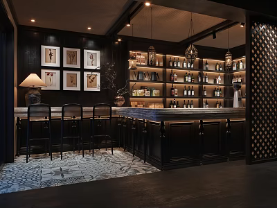 Elegant Dark Decor Bar Interior With Wall Art Bar Counter Wine Shelves And Pendant Lights 3d model