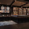 Elegant Dark Decor Bar Interior With Wall Art Bar Counter Wine Shelves And Pendant Lights