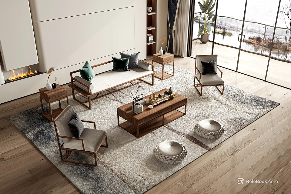 Modern Sofa And Coffee Table Combination With Wooden Frame Cushions Decorative Items And Natural Light 3d model 