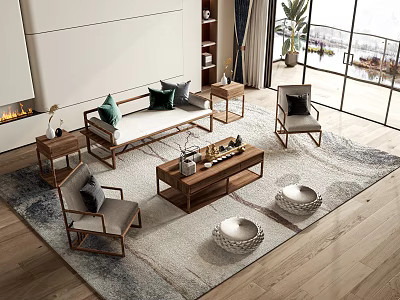 Modern Sofa And Coffee Table Combination With Wooden Frame Cushions Decorative Items And Natural Light 3d model
