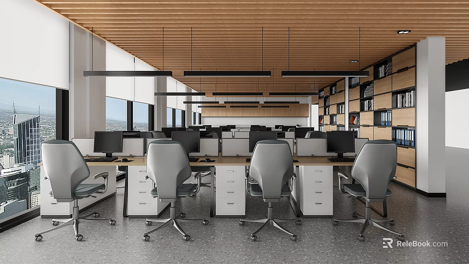 Modern Public Office Space With Desks Office Chairs Computers Hanging Lights And Bookshelves 3d model 