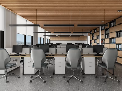Modern Public Office Space With Desks Office Chairs Computers Hanging Lights And Bookshelves 3d model