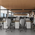 Modern Public Office Space With Desks Office Chairs Computers Hanging Lights And Bookshelves