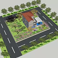Detached Villa With Red Roof Garden Green Plants Blue Car And Trees