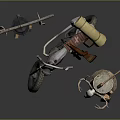 Adventure Motorcycle With Hanging Iron Pot Rolled Yellow Gear Axe Wooden Stump And Animal Skull