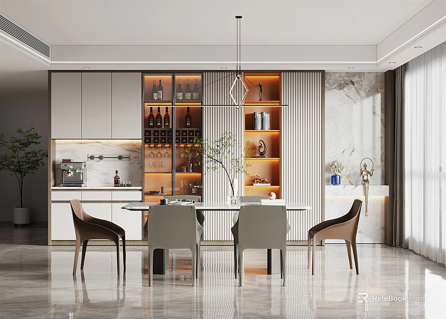 Modern Restaurant Interior With Sleek Dining Table Comfortable Chairs Pendant Light And Display Shelves 3d model