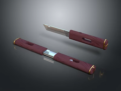 Tactical Weapon Knife With Dark Red Wooden Handle Metal Blade And Sheath 3d model