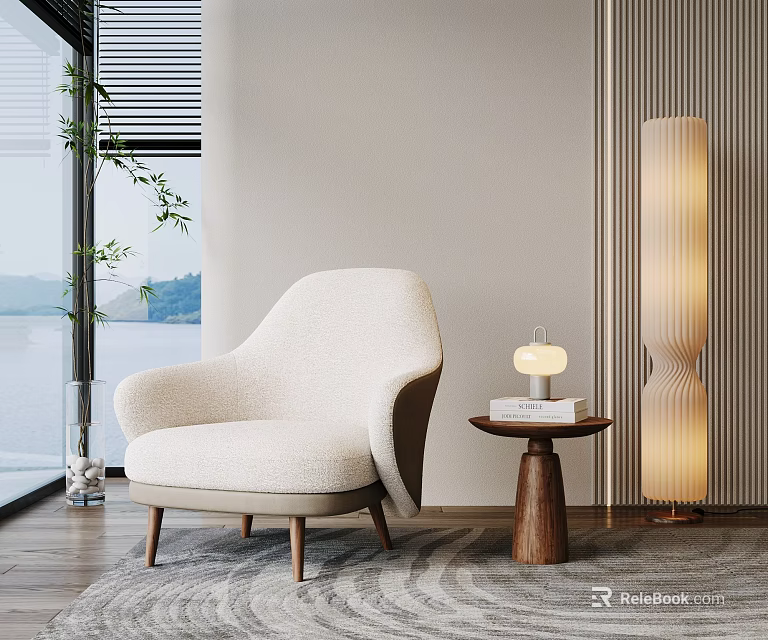 Beige Single Sofa In Modern Living Room With Side Table Floor Lamp And Lake View 3d model 