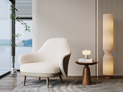 Beige Single Sofa In Modern Living Room With Side Table Floor Lamp And Lake View 3d model
