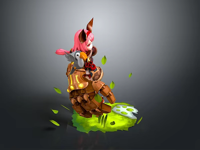 Pink Haired Woman Wearing Armor Carrying Bird Surrounded By Green Leaves And Glowing Green Liquid 3d model