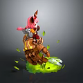 Pink Haired Woman Wearing Armor Carrying Bird Surrounded By Green Leaves And Glowing Green Liquid