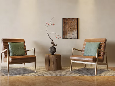 Modern Single Sofa With Wooden Frame Green Cushion And Decorative Painting In Living Room Interior 3d model
