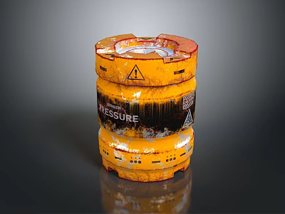 Yellow Military Pressure Tank Weapon With Warning Signs And Worn Surface 3d model