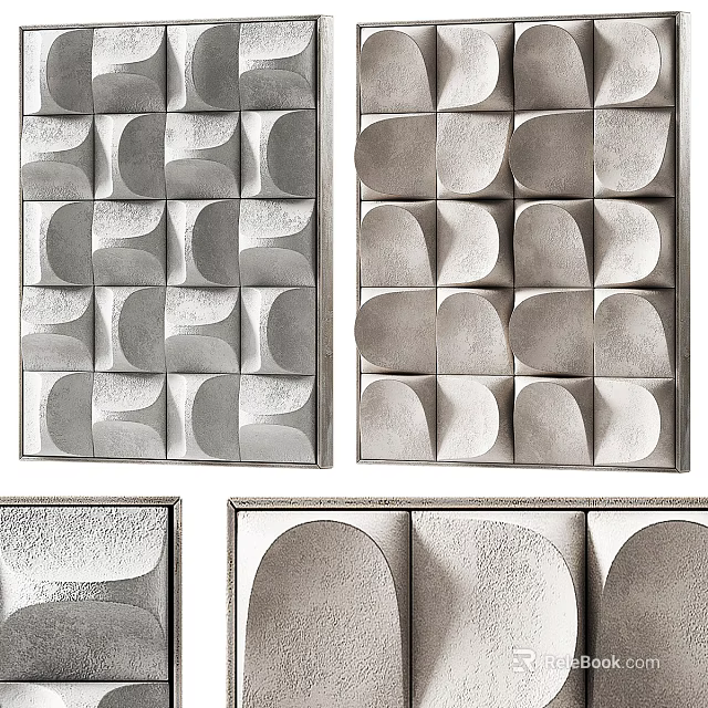 Abstract Painting with Geometric Semicircle Patterns Gray Silver Metallic Texture Square Grid Wall Art 3d model