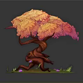 Vibrant Tree Featuring Pink Orange Leaves Twisted Red Trunk and Green Grass with Fallen Petals