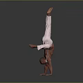 Man shirtless performing handstand in white pants with legs extended upward