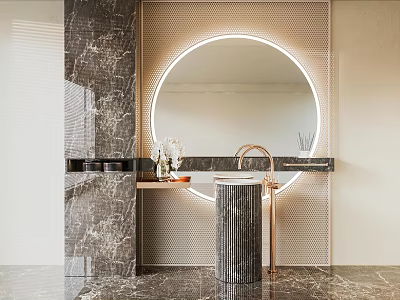 Modern Luxury Washbasin With Round Mirror Marble Countertop Lighting Strip Textured Wall 3d model