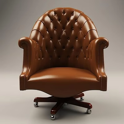 Brown Leather Office Chair With Tufted Back Curved Arms And Swivel Base Wheels 3d model