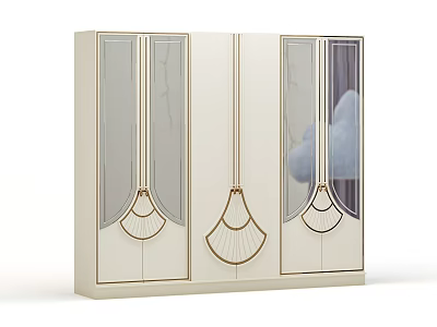 Elegant Cream colored Modern Wardrobe With Glass Doors And Gold Fan shaped Patterns 3d model