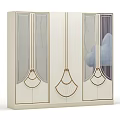 Elegant Cream colored Modern Wardrobe With Glass Doors And Gold Fan shaped Patterns