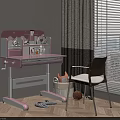 Pink Study Desk With Shelf Decorative Items And Woven Chair Near Window Blinds