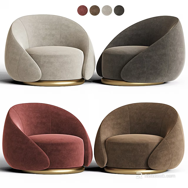 Modern Single Sofa with Curved Design Velvet Upholstery and Gold Metal Base in Multiple Colors 3d model 