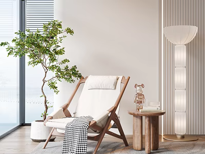 Modern Lounge Chair With Wooden Frame White Cushion Side Table Green Plant And Floor Lamp 3d model