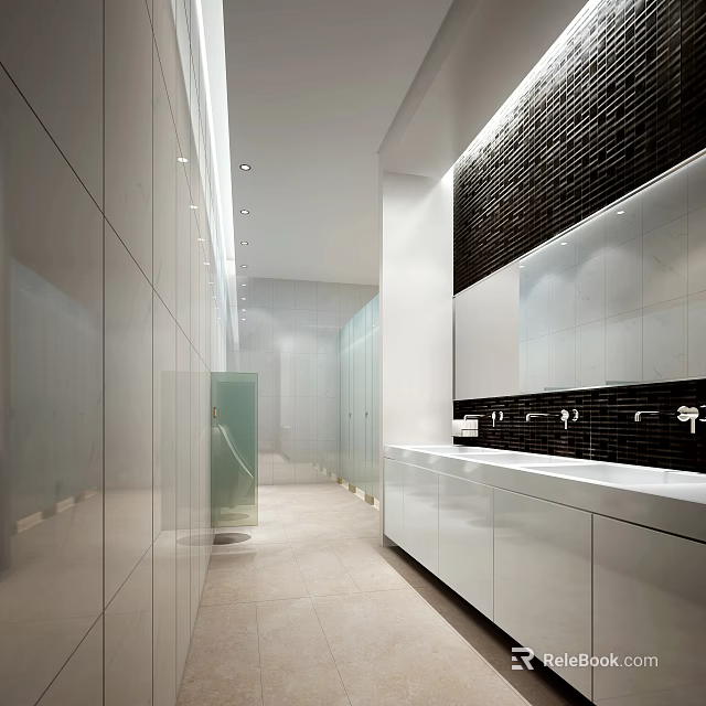 Modern Clean Public Restroom Interior Design With White Washbasins Large Mirrors And Glass Stalls 3d model 