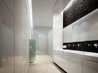 Modern Clean Public Restroom Interior Design With White Washbasins Large Mirrors And Glass Stalls 3d model