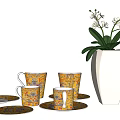 Elegant Ceramic Tea Set with Patterned Cups Saucers and White Orchid Vase 3d model