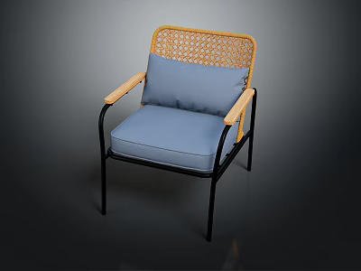 Modern Wicker Back Chair With Light Blue Cushion Wooden Armrests And Black Metal Frame 3d model