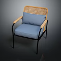 Modern Wicker Back Chair With Light Blue Cushion Wooden Armrests And Black Metal Frame