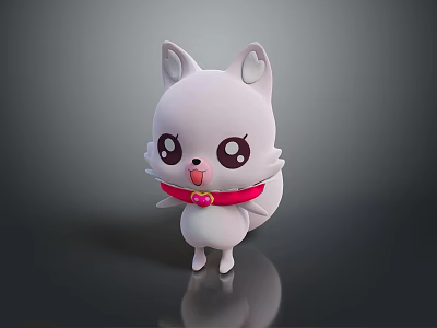 Cute White Cartoon Animal Character With Big Eyes And Pink Collar Standing On Reflective Surface 3d model