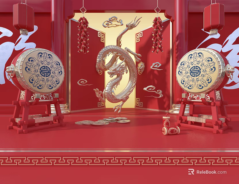 Traditional Chinese New Year Decor With Golden Dragon Red Lanterns And Drums 3d model 
