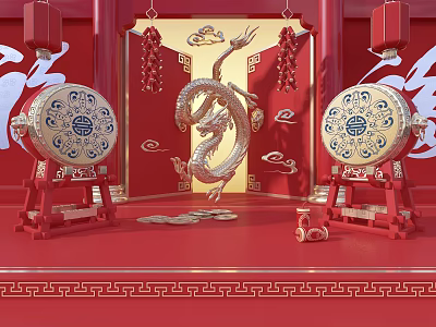 Traditional Chinese New Year Decor With Golden Dragon Red Lanterns And Drums 3d model