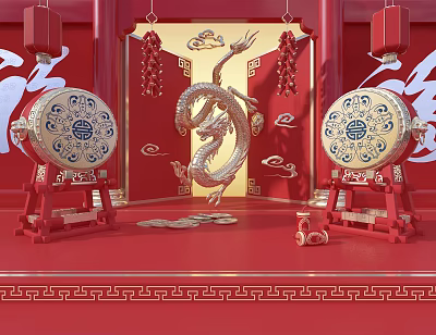 Traditional Chinese New Year Decor With Golden Dragon Red Lanterns And Drums 3d model