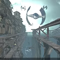 Sci-Fi Scene with Ruined Buildings Floating Aircraft And Wooden Walkways Under Dark Sky Over Water