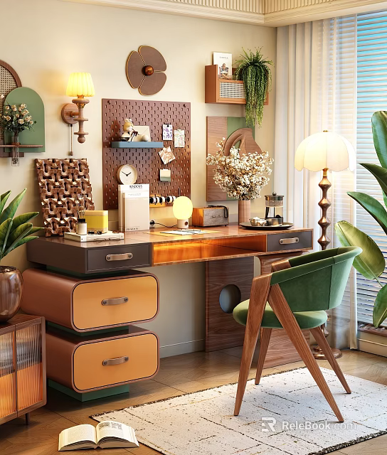 Cozy Study Room With Wooden Desk Green Chair Table Lamp Wall Decor And Potted Plants 3d model 