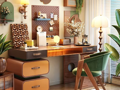 Cozy Study Room With Wooden Desk Green Chair Table Lamp Wall Decor And Potted Plants 3d model