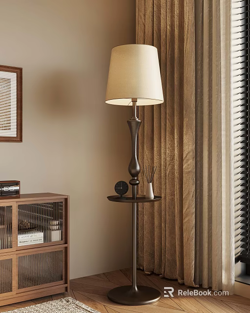 Home Interior Featuring Floor Lamp Side Cabinet Curtains And Decorative Wall Art 3d model 