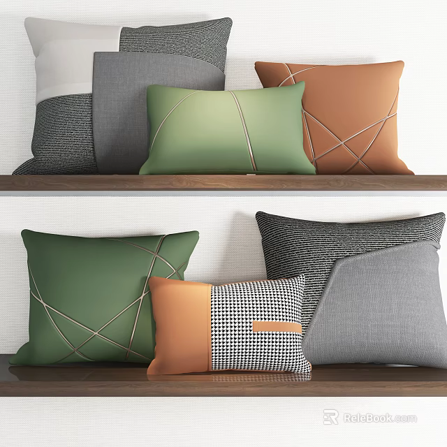 Modern Decorative Throw Pillows With Green Orange Gray Hues And Geometric Patterns 3d model