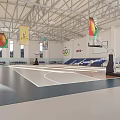 Modern Indoor Basketball Gymnasium With Wooden Court Seating And Hanging Banners