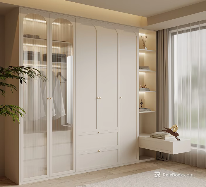 Modern White Wardrobe with Glass Doors Wooden Bench Built in Shelves and Natural Light 3d model 
