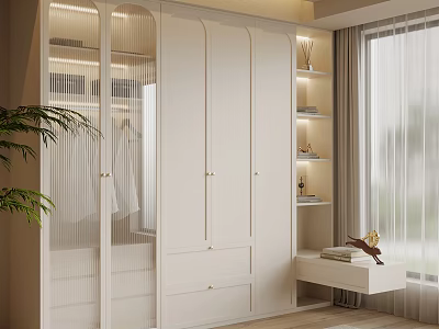 Modern White Wardrobe with Glass Doors Wooden Bench Built in Shelves and Natural Light 3d model