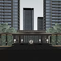 Modern Entrance Gate with High Rise Buildings Palm Trees Lighting and Paved Ground