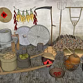 New Chinese-style Farm Tools Landscape Sits Background Rural Small Objects Farming Culture Folk Objects Stone Mill 3d model