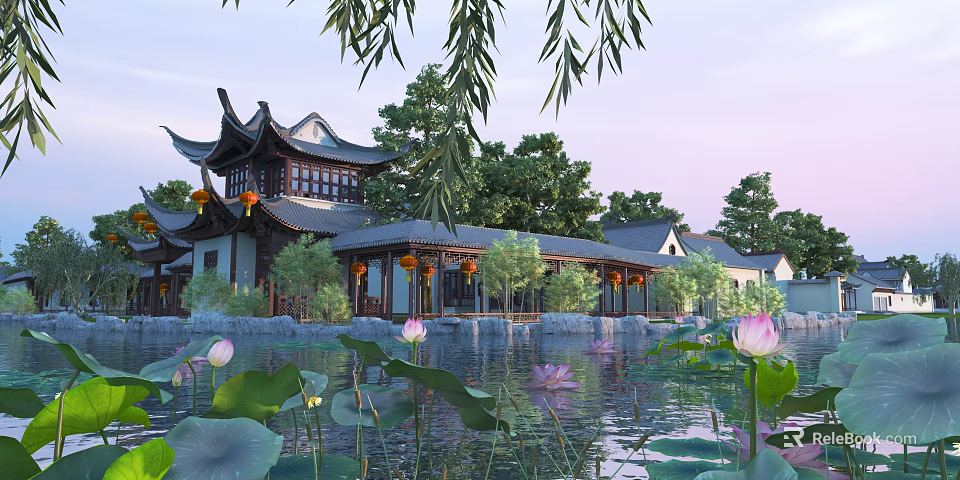 Chinese Garden Landscape With Traditional Pavilion Willow Trees Lotus Pond And Hanging Lanterns 3d model 