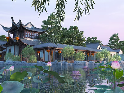 Chinese Garden Landscape With Traditional Pavilion Willow Trees Lotus Pond And Hanging Lanterns 3d model