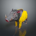 Warthog Wearing Yellow Raincoat With Plaid Collar On Gray Background And Floor Reflection